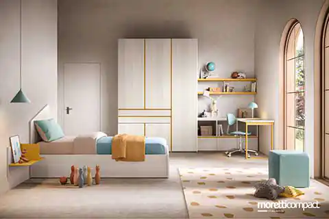 Cameretta con armadio battente angolo scrivania e letto legno