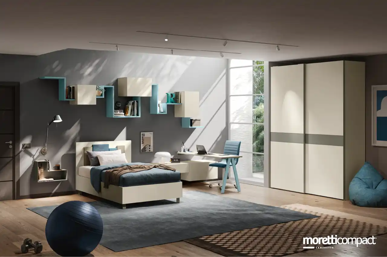 Camera con libreria Outline, Wallbox e armadio scorrevole