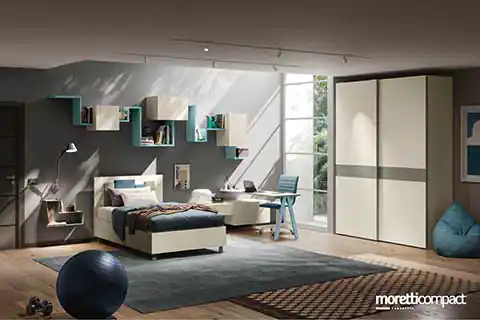 Camera con libreria Outline, Wallbox e armadio scorrevole