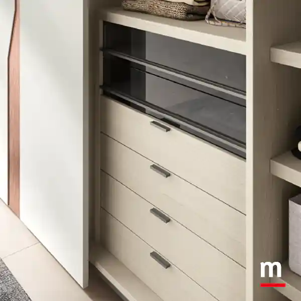Cassettiera interna con frontali vetro e legno